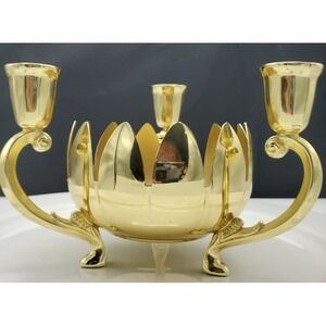 Vtg Italy Brass-Plated 3-Arm Candle Holder & Lotus Floral Potpourri Bowl